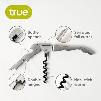 True Truetap Double Hinged Waiter's Corkscrew Wine Opener, Stainless Steel Wine Bottle Opener with Built In Foil Cutter, Home Bar Tools, Bar Cart Accessories, Wedding Gifts, Set of 1, Black