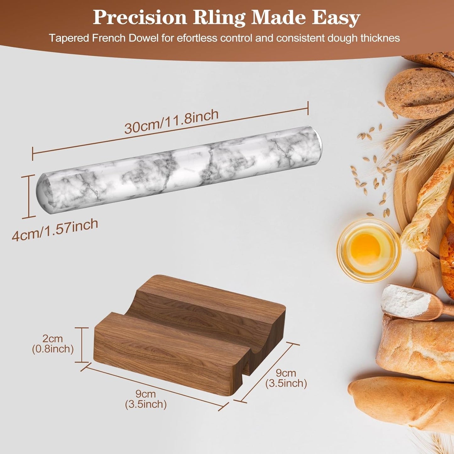 French Rolling Pin for Baking, FiiMan 12 Inch Marble Rolling Pins with Wooden Stand, Heavy Stone French Polished Non-Stick Roller Pins For Baking Cookie Pizza Pastry (Black)