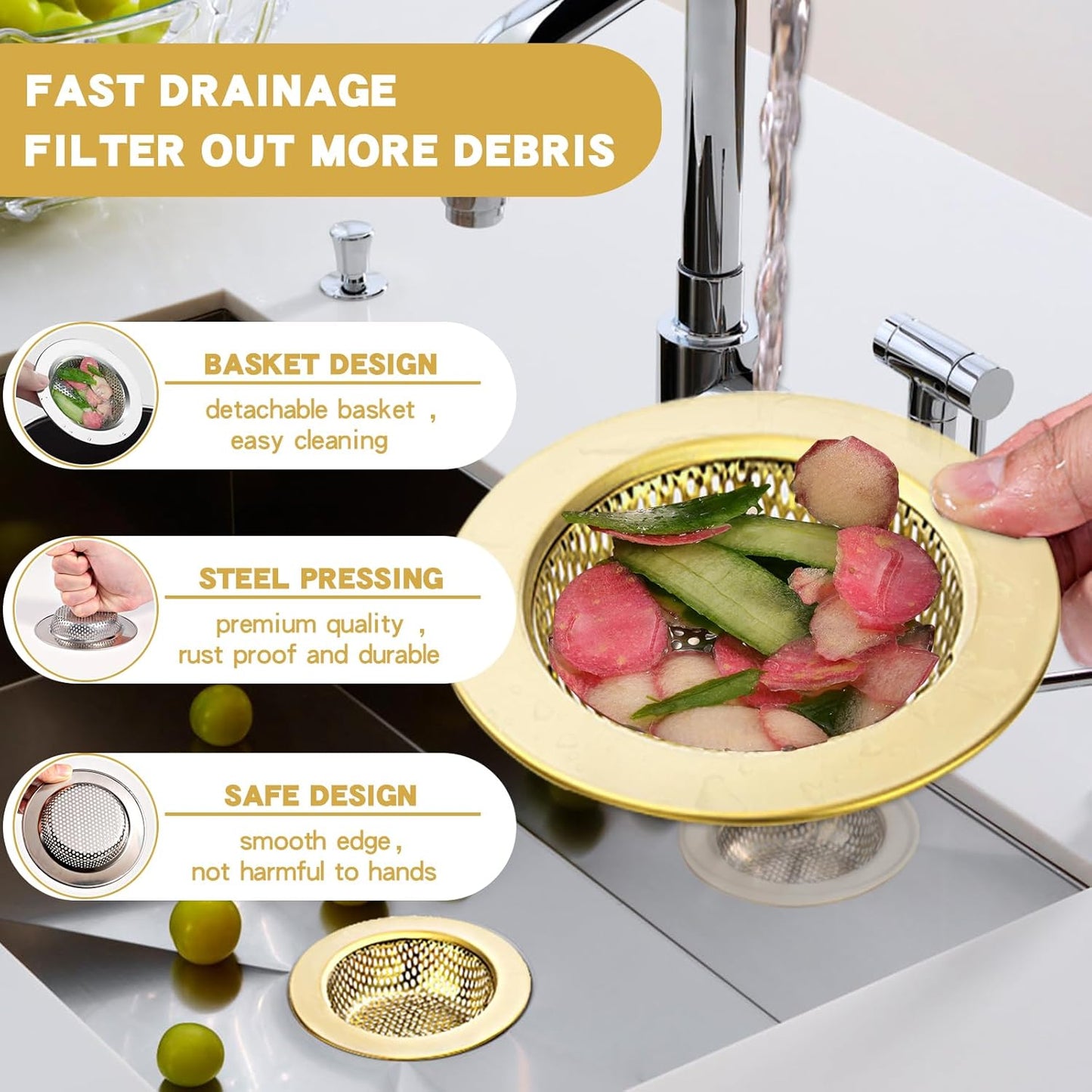 RQYEKDO Kitchen Sink Strainer Stainless Steel with Coarse Mesh4.4 Wide Rim Drain Strainer |Fits Standard Sinks & GarbageDisposals(Silver)(2pcCoarse & Fine Mesh)