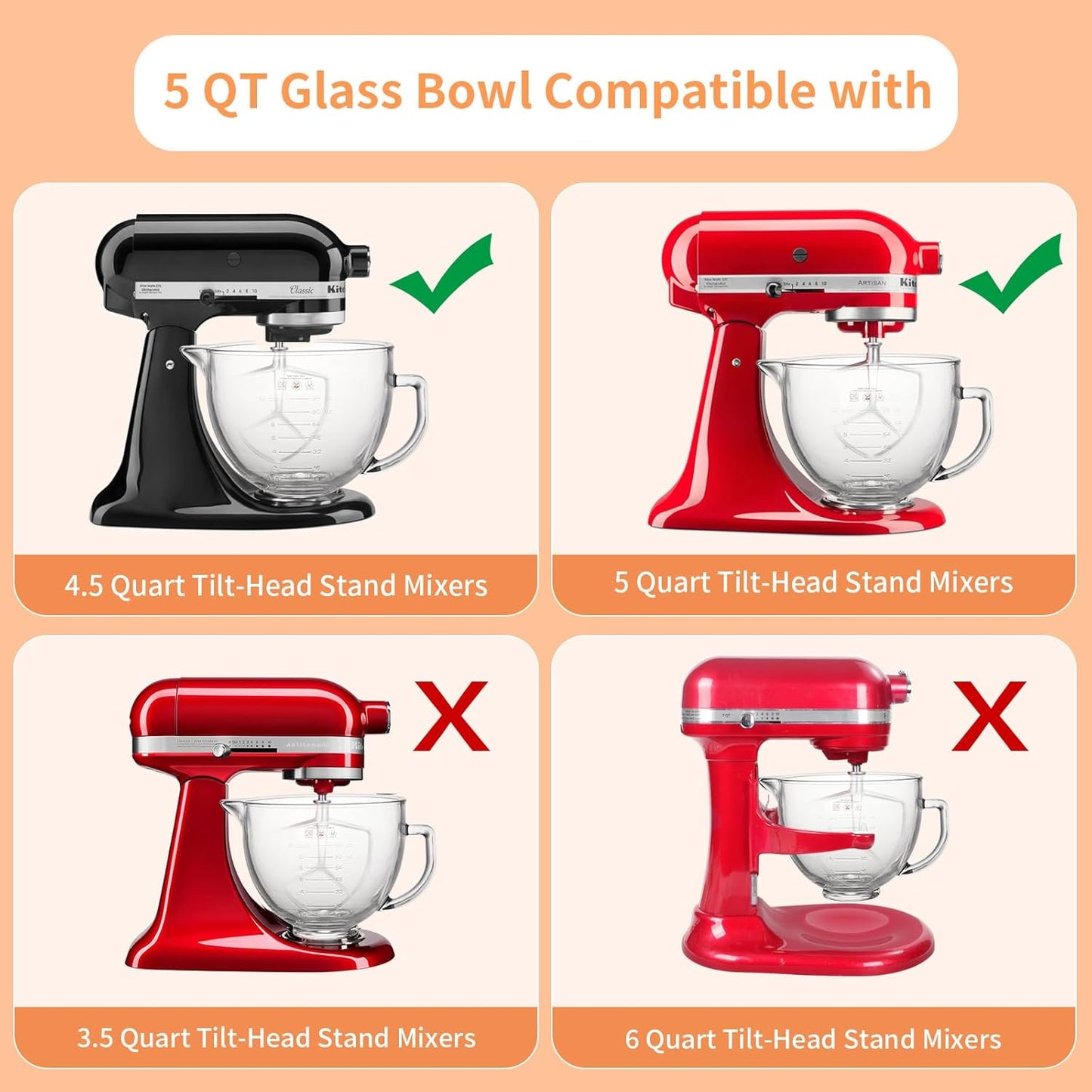 5QT Glass Bowl Compatible with KitchenAid 4.5 and 5-Quart Tilt Stand Mixers,Glass Mixing Bowl with Lid, Measurement Markers and Handle