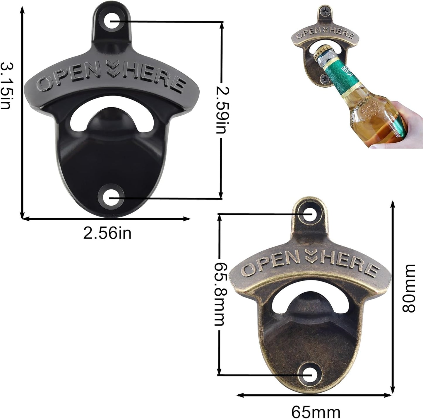 Old Fashion Bottle Opener Wall Mounted Stainless OPEN HERE Black Screw in Wall Beer Soda Bottle Cap Opener Rustic Copper for Table Cooler Post (2 PCS)