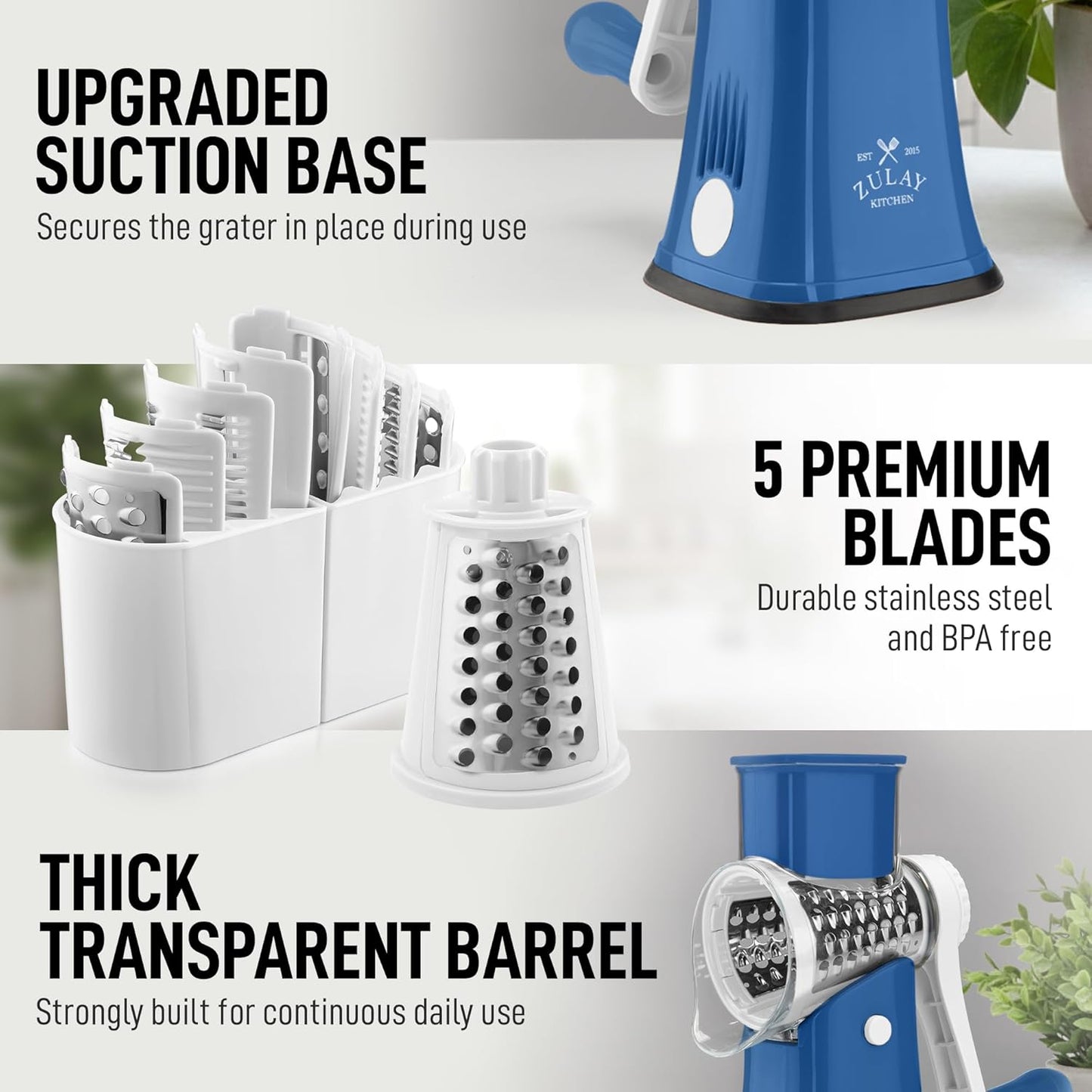 Zulay Kitchen Rotary Cheese Grater 5 Blade Cheese Shredder - Manual Hand Crank Cheese Grater With Reinforced Suction & 5 Interchangeable Drums - Easy to Use, Vegetable Chopper Round Mandoline Slicer - Colors B