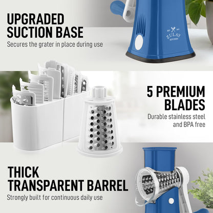 Zulay Kitchen Rotary Cheese Grater 5 Blade Cheese Shredder - Manual Hand Crank Cheese Grater With Reinforced Suction & 5 Interchangeable Drums - Easy to Use, Vegetable Chopper Round Mandoline Slicer - Colors B