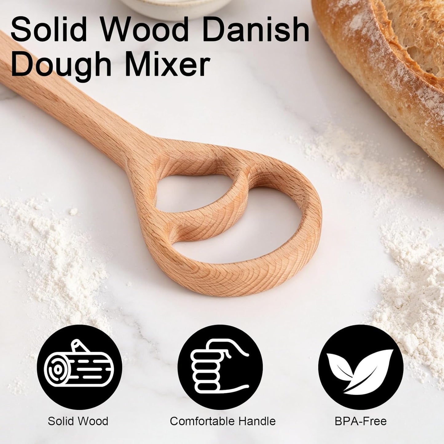 2pcs Wooden Danish Dough Whisk, 12.2" Dutch Wood Bread Whisk Sourdough Mixing Mixer Tool for Pizza Dough Batter Baking Food-Safe Home Kitchen Tools Supplies