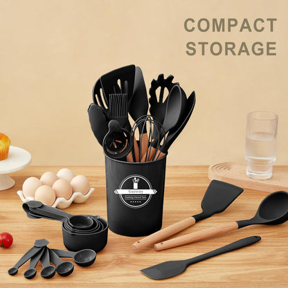 Kitchen Utensils Set - 34 PCS Non-Stick Silicone Cooking Utensils Set Spatula Set with Holder, Wooden Handle Spoon,Brush,Whisk Kitchen Gadgets Tools Set for Nonstick Cookware (Cream White-34P)
