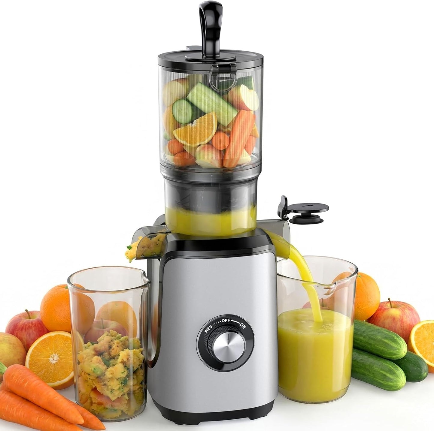 NEWBULIG Cold Press Juicer Machines, Masticating Juicer with High Juice Yield, Reverse Function, Stops Oxidation and Easy to Clean for Vegetables & Fruits, Black