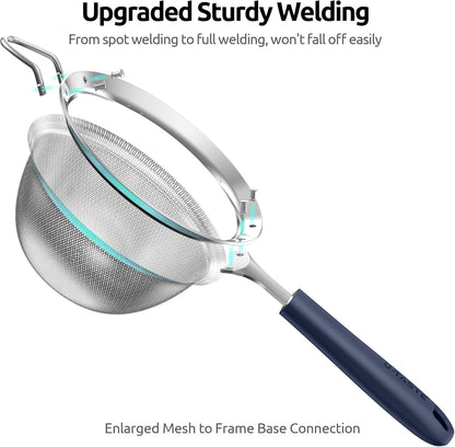 U-Taste Medium Fine Mesh Strainer: 18/8 Stainless Steel 4.73in 30 Mesh Kitchen Food Sieve with Sturdy Riveted Silicone Handle, Heavy Duty Deep Handheld Metal Colander for Rice, Quinoa, Flour (Black)