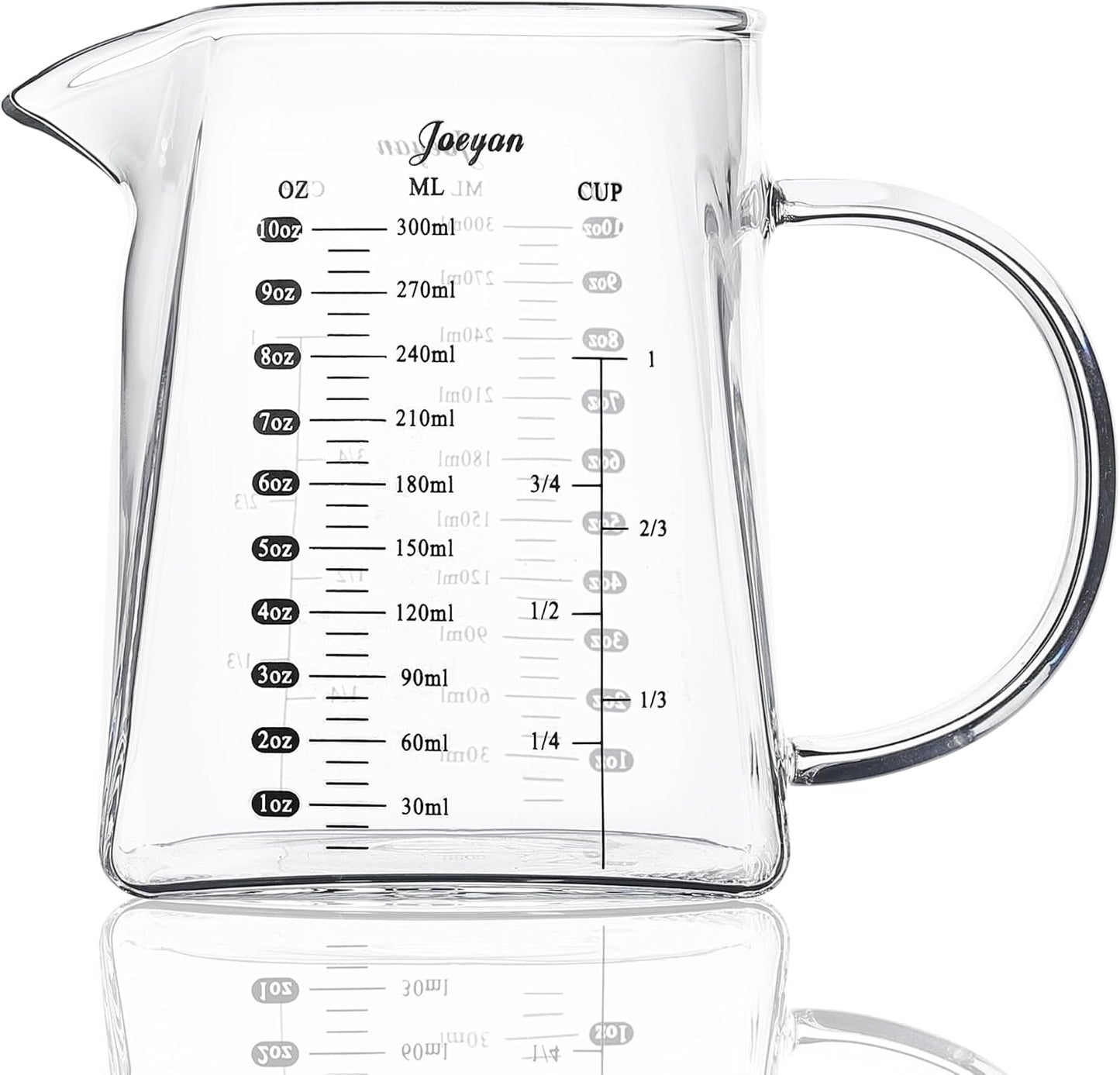 Joeyan 10 oz Small Glass Creamer Pitcher,V-Shaped Glass Measuring Cups with Handle and Spout,Clear Borosilicate Espresso Shot Glasses,Milk Coffee Tea Jug Frother Cup,Square Base