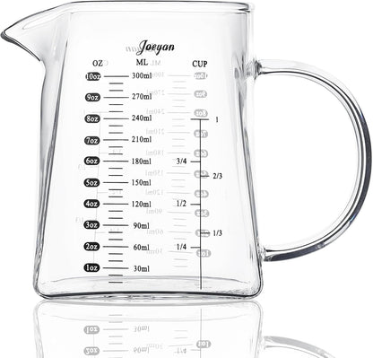 Joeyan 10 oz Small Glass Creamer Pitcher,V-Shaped Glass Measuring Cups with Handle and Spout,Clear Borosilicate Espresso Shot Glasses,Milk Coffee Tea Jug Frother Cup,Square Base