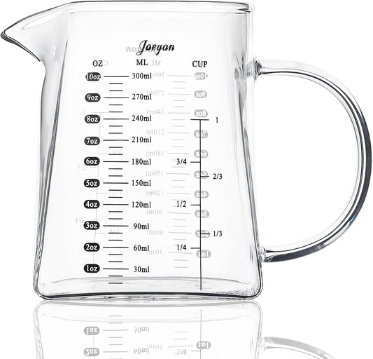 Joeyan 10 oz Small Glass Creamer Pitcher,V-Shaped Glass Measuring Cups with Handle and Spout,Clear Borosilicate Espresso Shot Glasses,Milk Coffee Tea Jug Frother Cup,Square Base