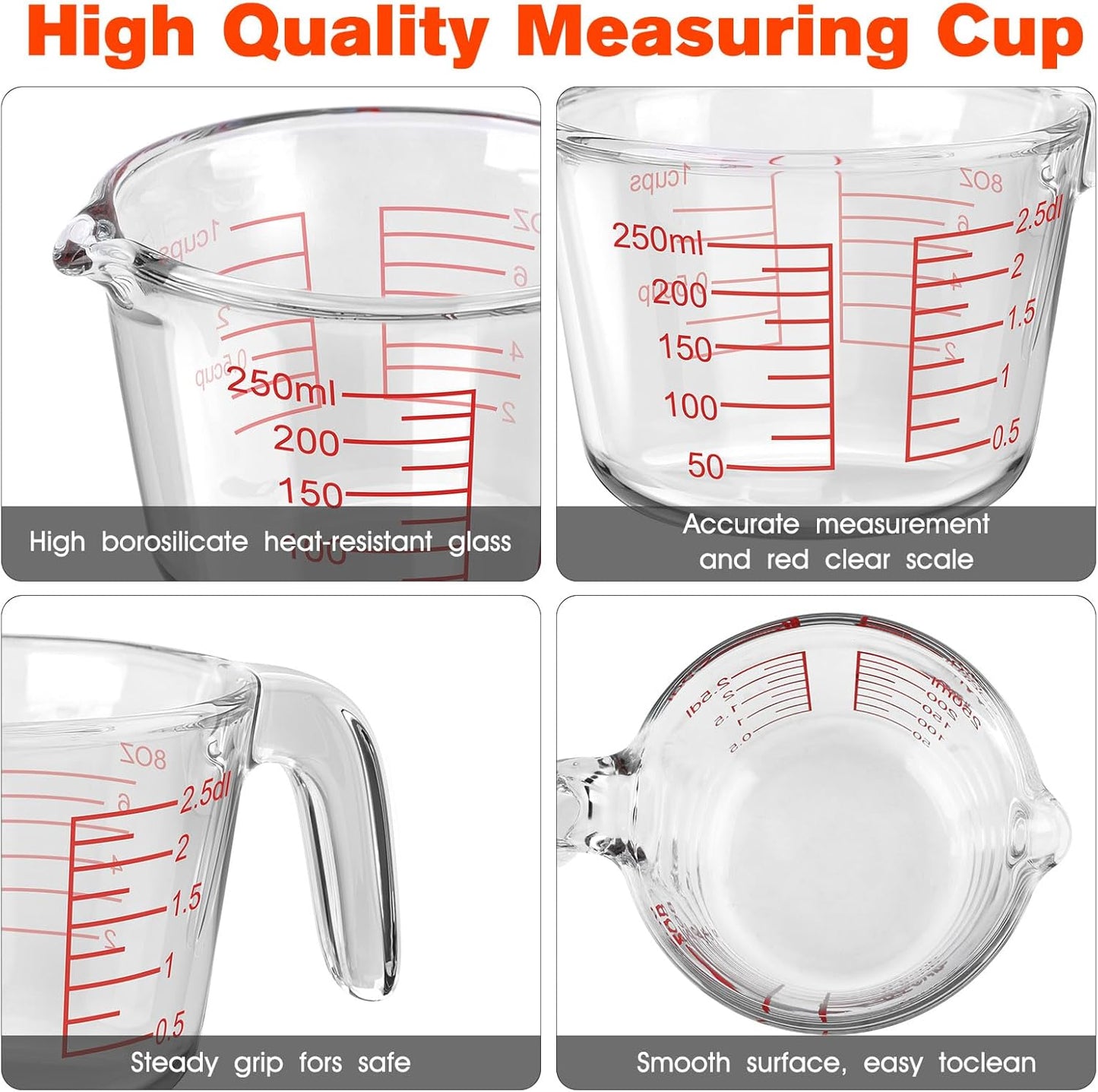 1 Cup Glass Measuring Cups,Clear Borosilicate Glass Liquid Measuring Cup for Kitchen & Baking Microwave Oven Dishwasher Safe Measuring Cups,8 oz/250ml Glass Measuring Cup