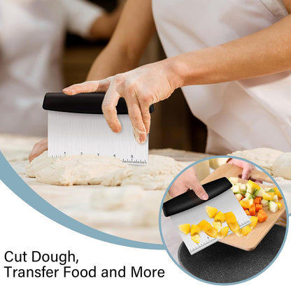 Ecavria Bench Scraper, Premium Stainless Steel Dough Scraper with 2 PCS Flexible Bowl Scraper, Dough Cutter with Measuring Scale, Versatile Kitchen Scraper Set for Pastry Bread Pizza Cake