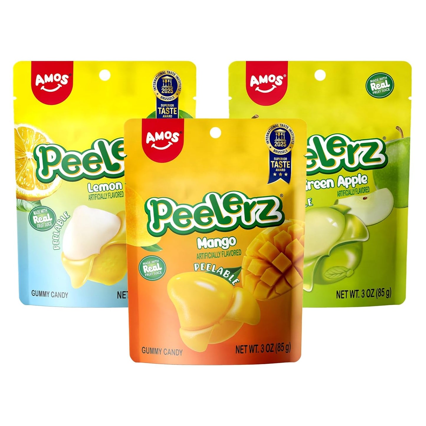 AMOS Peelerz Peelable Gummy Candy Variety Pack, Mango White Peach Banana Green Apple Passion Fruit Lychee, Soft Chewy Fruit Snack, Pack of 6