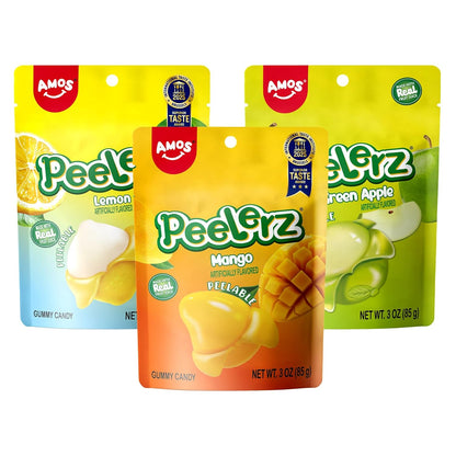 AMOS Peelerz Peelable Gummy Candy Variety Pack, Mango White Peach Banana Green Apple Passion Fruit Lychee, Soft Chewy Fruit Snack, Pack of 6