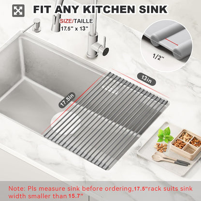 MERRYBOX Roll Up Over The Sink Dish Drying Rack Silicone Wrapped Foldable, Heat-Resistant, Anti-Slip Sink Rack Multipurpose Dish Drainer for Kitchen Sink Counter - White, 17.5" x 11"