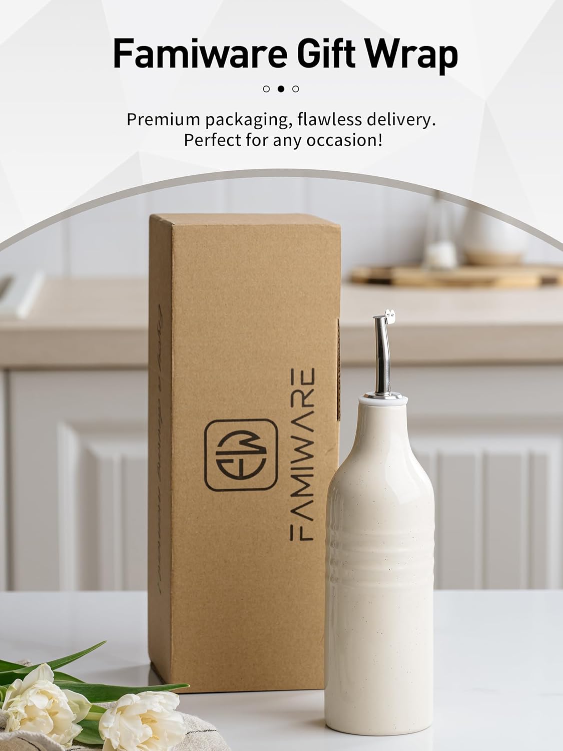 famiware Milkyway 16oz Ceramic Olive Oil Dispenser Bottle, 1 Piece Oil Dispenser for Kitchen with Stainless Steel Pourers, Suitable for Storage Vinegar, Soy Sauce, Coffee Syrup, Liquids, White