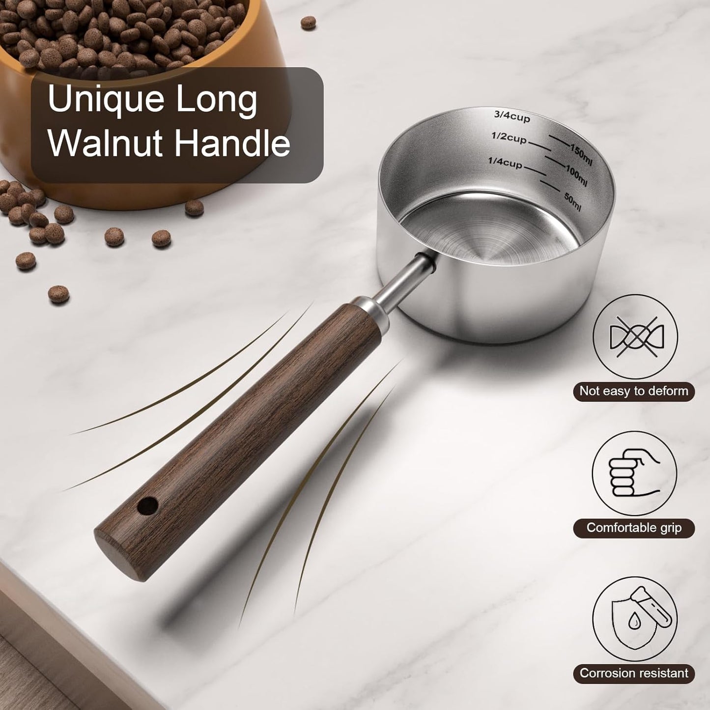 Food Scoop Measuring Cup - 1/4 Cup (4 Tablespoon | 2 Oz. | 60 mL),304 stainless steels,Black walnut long handle