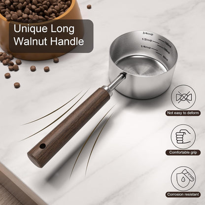 Food Scoop Measuring Cup - 1/4 Cup (4 Tablespoon | 2 Oz. | 60 mL),304 stainless steels,Black walnut long handle