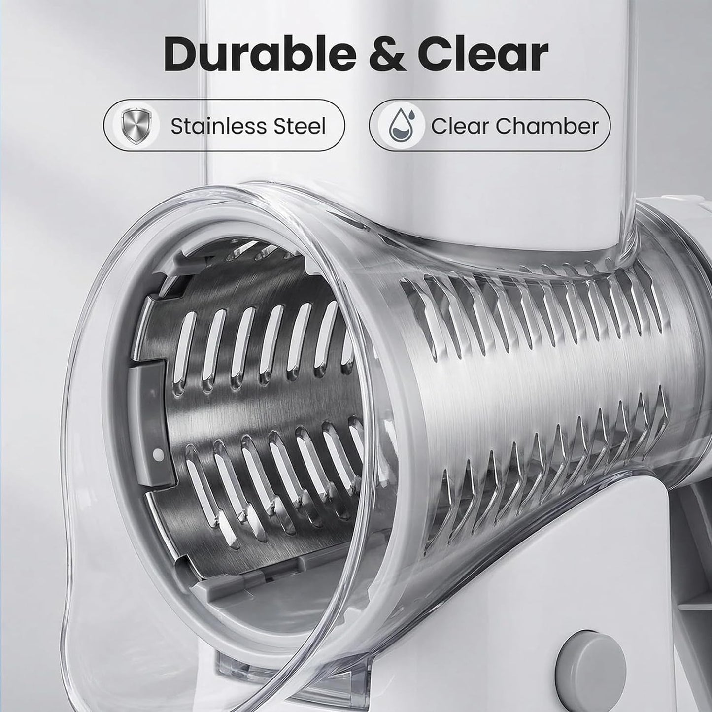 Sakerplus 5 in 1 Rotary Cheese Grater Shredder with Handle, Hand Crank Manual Vegetable Slicer & Drum Grater for Cheese, Potatoes, Nuts, Salad, Dishwasher Safe Blades (1, White)