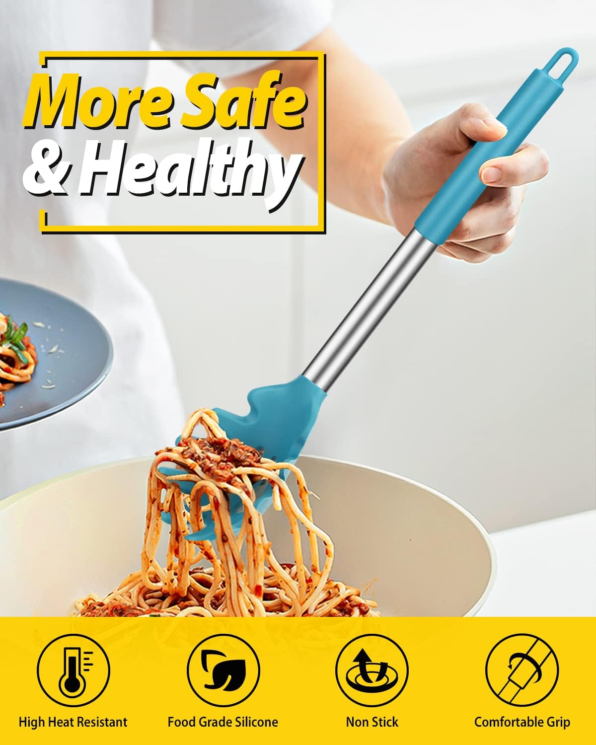 Silicone Pasta Fork and Ladle Spoon Set, Large Non Stick Kitchen Utensils for Cooking,Stirring,Serving Spaghetti, Soup, Sauce (GRAY)