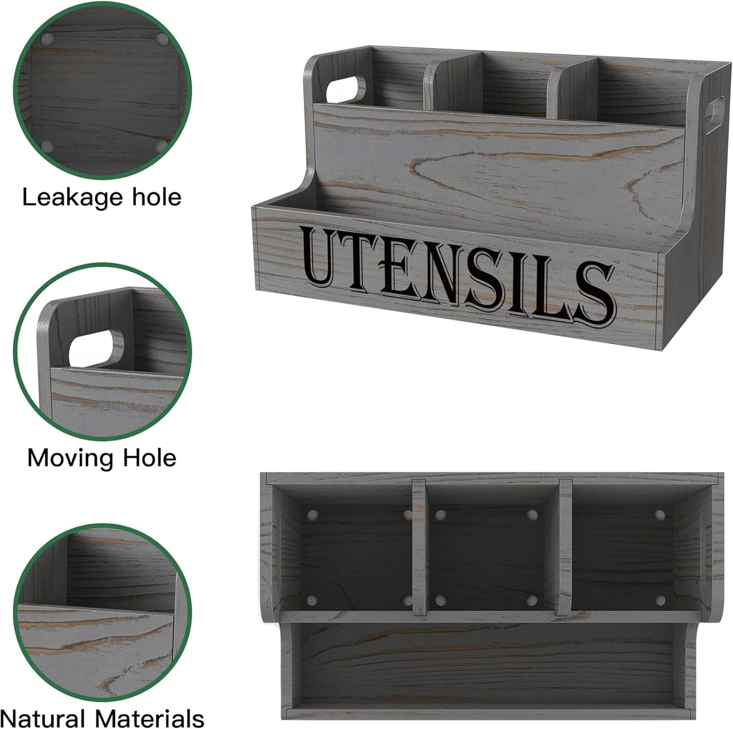 Suli Kitchen Utensils Holder, Wooden Utensil Organizer for Kitchen Countertop, Farmhouse Utensil Storage, Rustic Cooking Utensils ,4 Compartments,- Black
