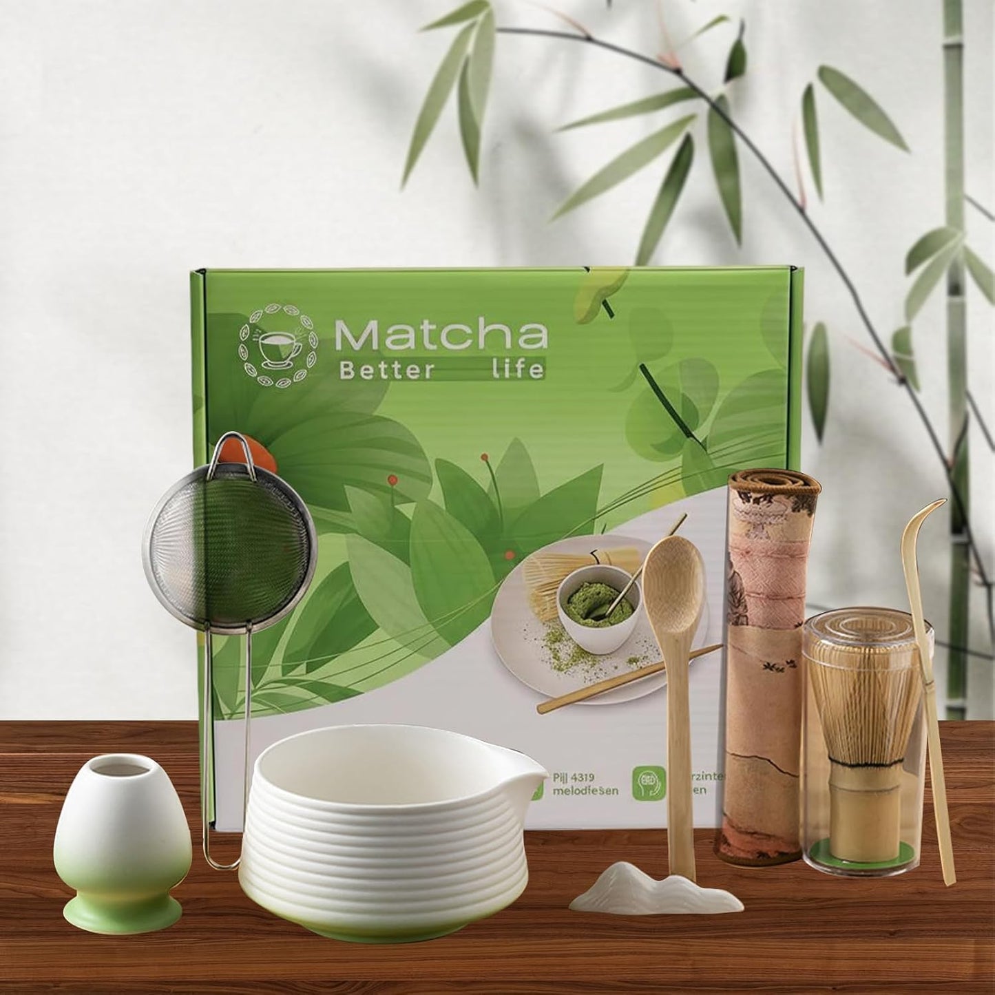8 Pcs Matcha Whisk Set Chasen Matcha Whisk Bamboo Bowl with Spout Sifter Spoon Scoop Whisk Holder Bamboo Mat Complete Matcha Making Kit (Red Petal)
