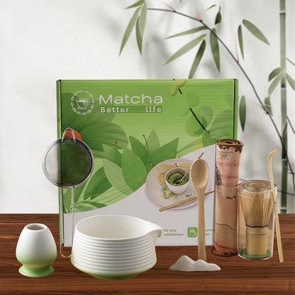 8 Pcs Matcha Whisk Set Chasen Matcha Whisk Bamboo Bowl with Spout Sifter Spoon Scoop Whisk Holder Bamboo Mat Complete Matcha Making Kit (Red Petal)