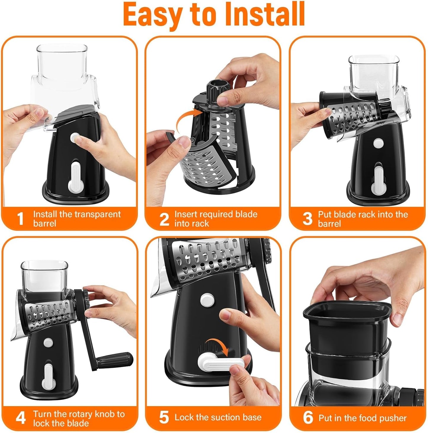 SpaceHacks Rotary Cheese Grater Hand Crank, with 5 Blades for Chopper Shredder Spiralizer Slicer for Vegetable Cheese Fruit, Food Chopper for Kitchen with Blades Storage Box & Suction Base (Black)