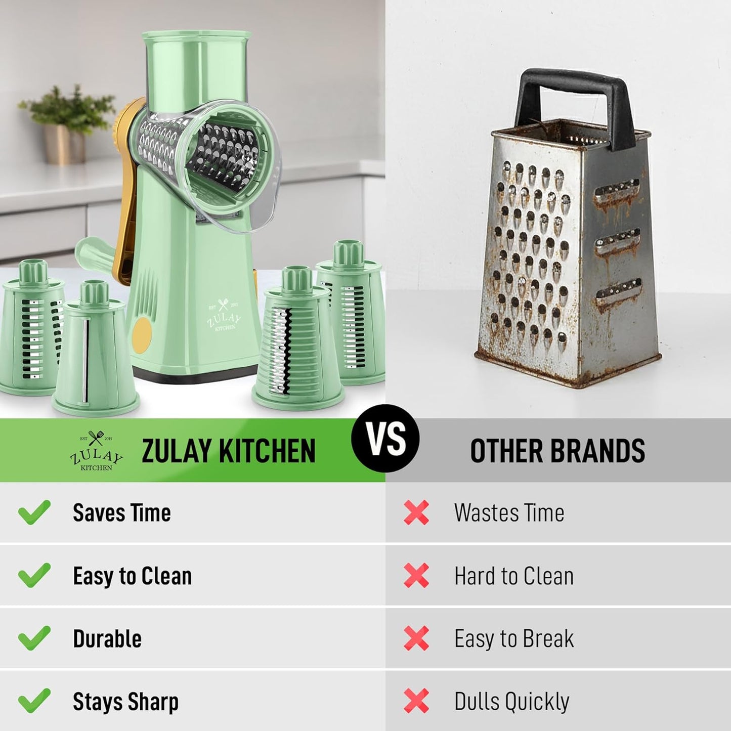 Zulay Kitchen Rotary Cheese Grater 5 Blade Cheese Shredder - Manual Hand Crank Cheese Grater With Reinforced Suction & 5 Interchangeable Drums - Easy to Use, Vegetable Chopper Round Mandoline Slicer - Colors A