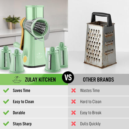 Zulay Kitchen Rotary Cheese Grater 5 Blade Cheese Shredder - Manual Hand Crank Cheese Grater With Reinforced Suction & 5 Interchangeable Drums - Easy to Use, Vegetable Chopper Round Mandoline Slicer - Colors A
