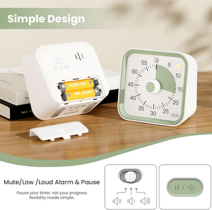 Visual Timer for Kids with Pause Function, 60 Minute Countdown Timer for Kids Desk Study, Teaching, Kitchen Cooking, Office Meetings, Time Management for ADHD (White)