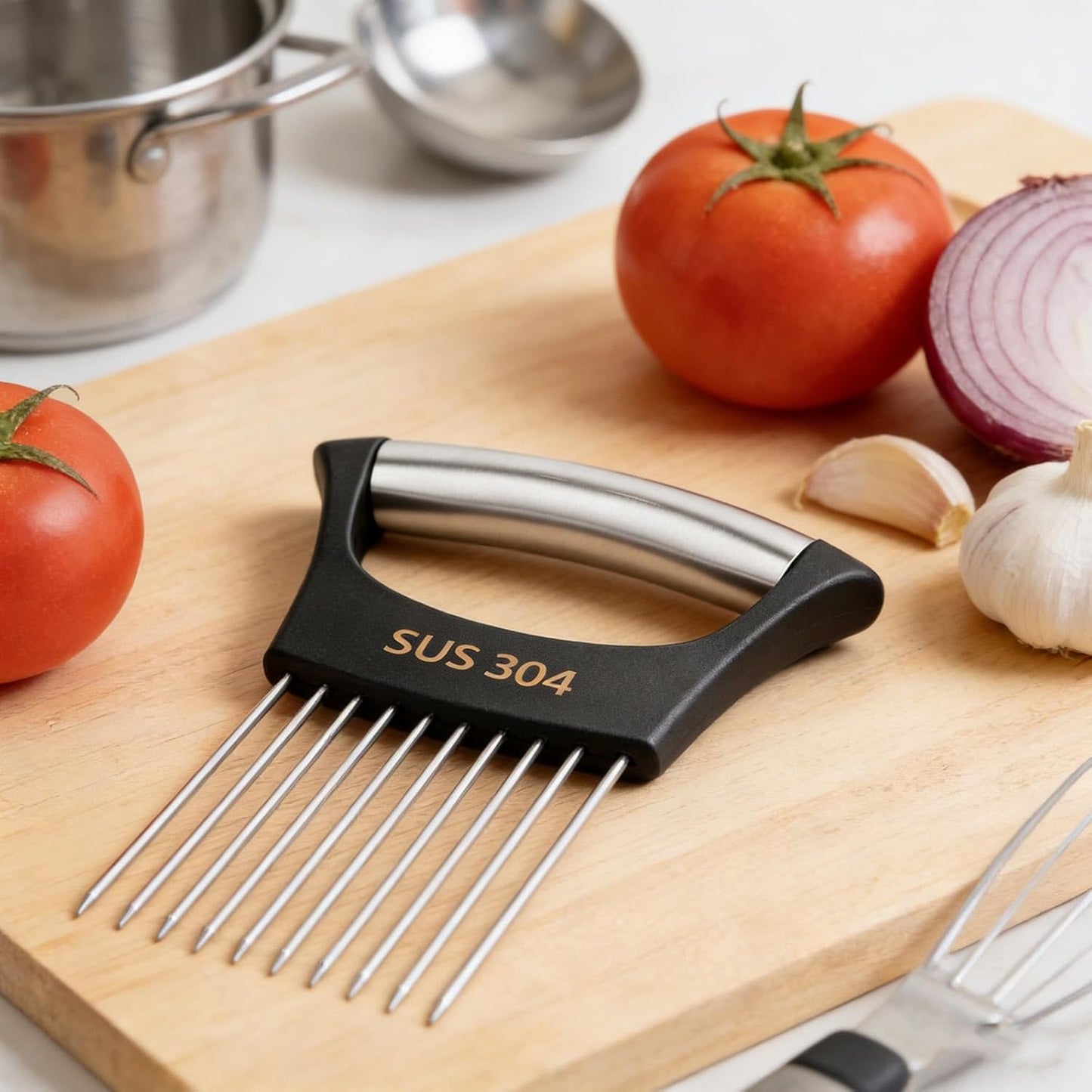 Onion Slicer Holder, Stainless Steel Vegetable Potato Tomato Chopper Cutter with Protective Case Practical Kitchen Must Haves Tool Utensils Gadgets Clearance for Slicing Vegetables Marinating Meat