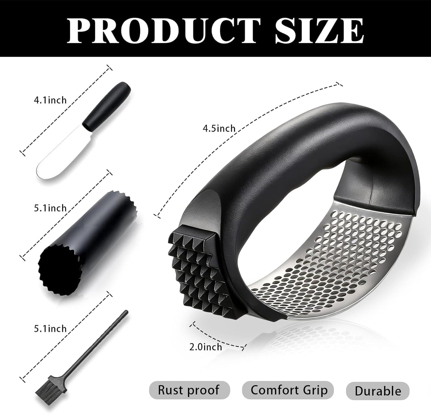 Garlic Press, Stainless Steel with Ergonomic Handle, Garlic Mincer, Easy Squeeze Rocker, Easy Clean, Scraper, Silicone Peeler, Brush (Black)