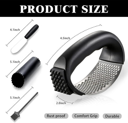 Garlic Press, Stainless Steel with Ergonomic Handle, Garlic Mincer, Easy Squeeze Rocker, Easy Clean, Scraper, Silicone Peeler, Brush (Black)