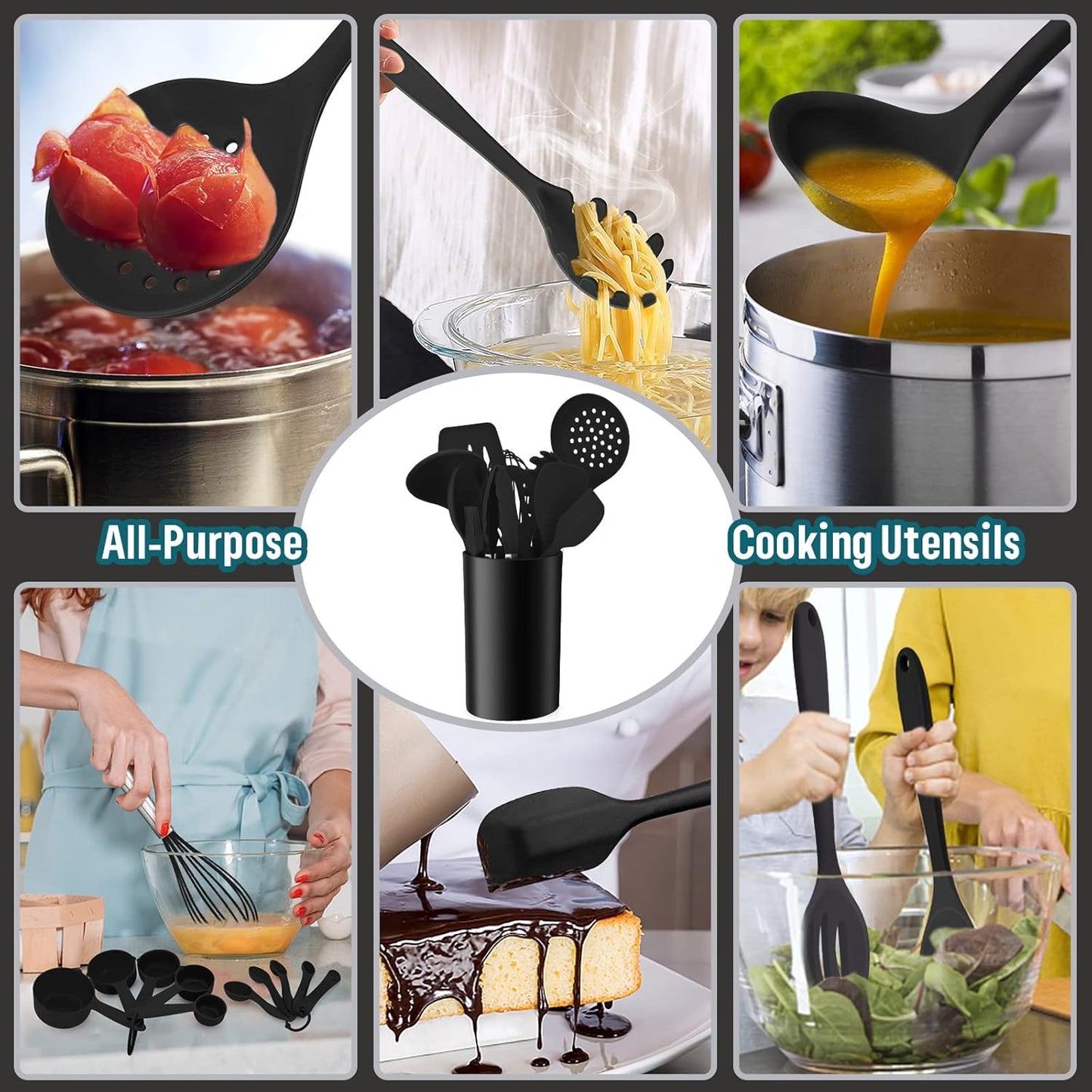 E-far Silicone Cooking Utensils Set, 7-Piece Black Heat Resistant Kitchen Utensils Set, Kitchen Nonstick Tools Spatula Ladle Spoon Pasta Server for Non-stick Cookware, Non-Toxic & Dishwasher safe