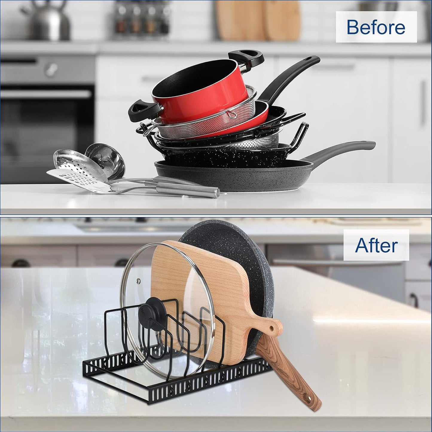Toplife Pot Lids Organizer Rack for Cabinet and Countertop, 7+ Pan Lids and Bakeware Organizer Rack Holder with 7 Adjustable Compartments - Brown