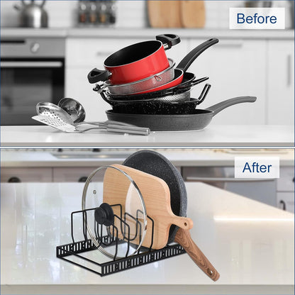 Toplife Pot Lids Organizer Rack for Cabinet and Countertop, 7+ Pan Lids and Bakeware Organizer Rack Holder with 7 Adjustable Compartments - Brown