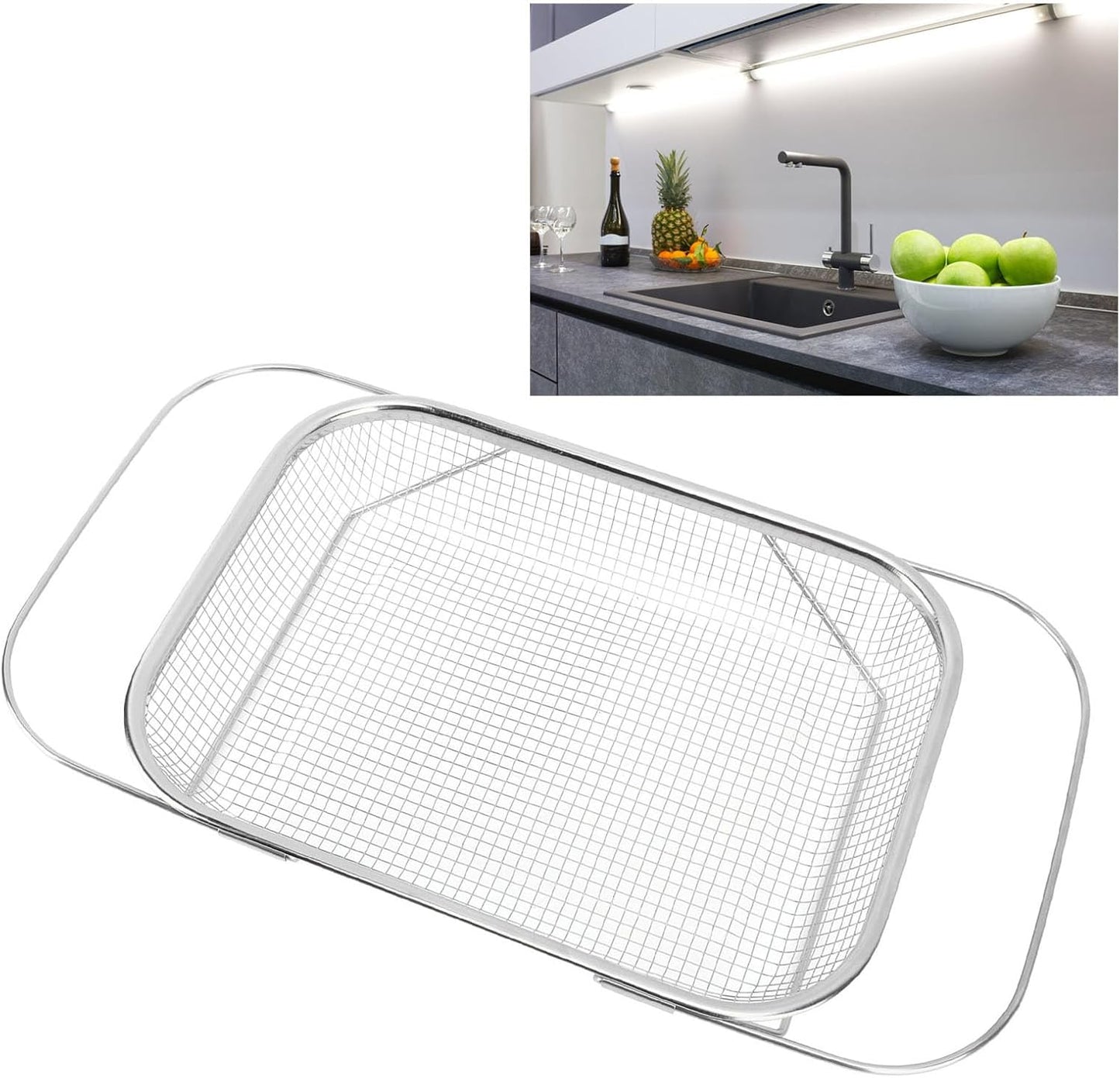 Over the Sink Colander, Expandable Baskets with Fine Mesh Strainer Handle Stainless Steel Rectangle Kitchen Colanders for Strain Drain Rinse Fruits Vegetables Pasta New Home Essentials (Gold)