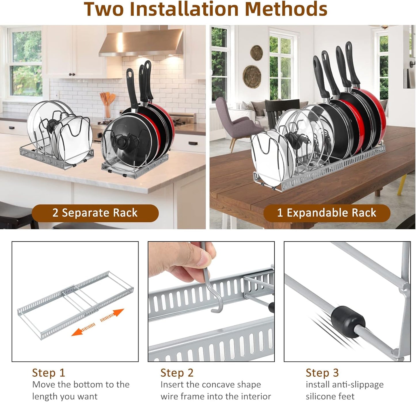 Pot Rack Organizer -Expandable Pot and Pan Organizer for Cabinet,Pot Lid Organizer Holder with 10 Adjustable Compartment for Kitchen Cabinet Cookware Baking Frying Rack,Bronze