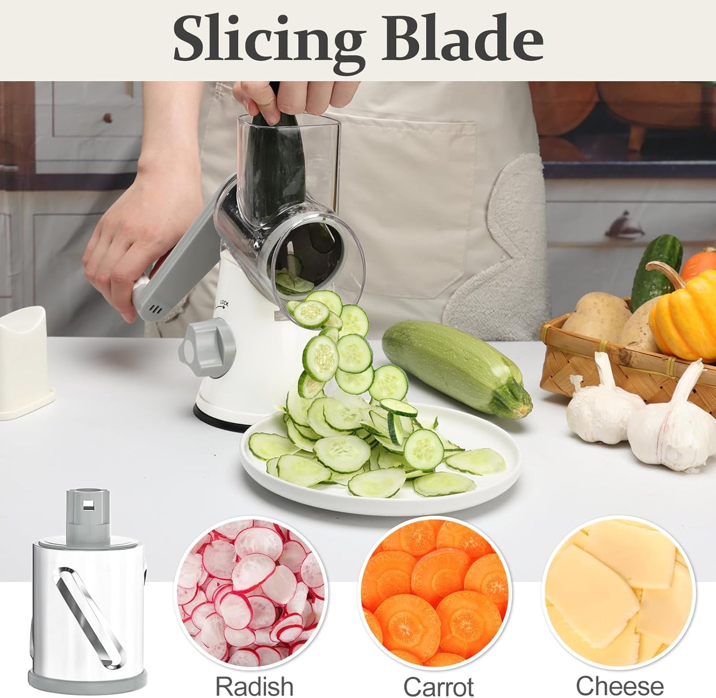 Cambom 5 in 1 Rotary Cheese Grater Hand Crank Cheese Shredder for Fresh Cheese, Vegetable, Nuts,Non-slip Suction Base, Black