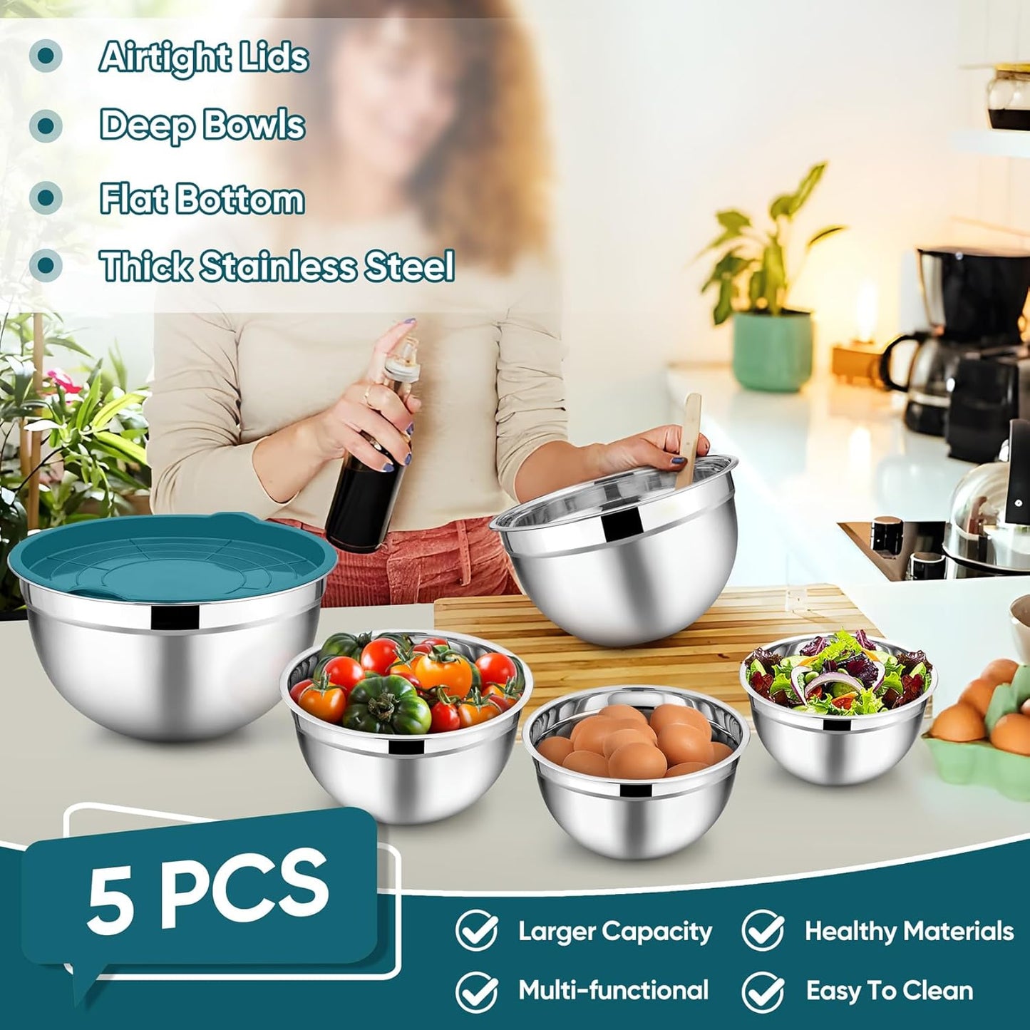 TeamFar Mixing Bowls with Lids, 5-Piece Stainless Steel Metal Nesting Salad Bowl for Mixing Prepping, Healthy & Heavy Duty, Airtight Lids & Dishwasher Safe, 4.5/3/1.5/1/0.7 QT-Khaki