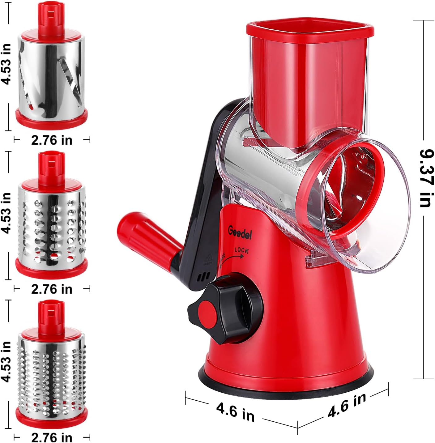 Geedel Rotary Cheese Grater, Kitchen Mandoline Vegetable Slicer with 3 Interchangeable Blades, Easy to Clean Grater for Fruit, Vegetables, Nuts