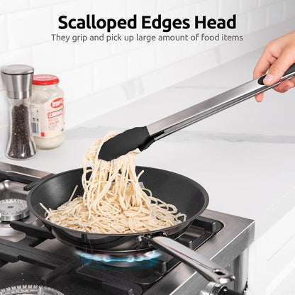 600ºF Heat Resistant Kitchen Tongs: U-Taste 9 inch Silicone Cooking Tong with Firm Sealed Non Stick Rubber Tips & Silicon Coated 18/8 Stainless Steel Handle & Smooth Locking for Serving Salad (Black)