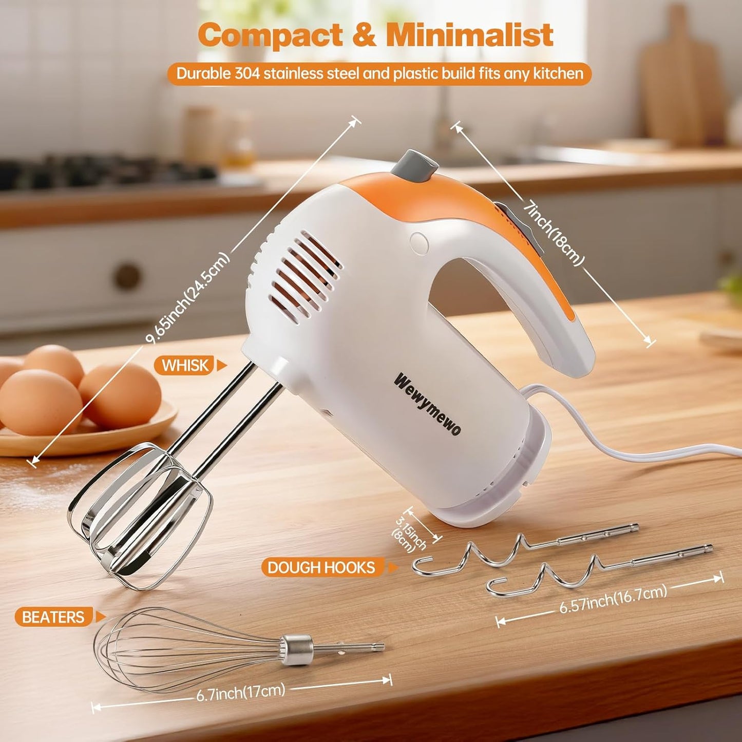 300W 5-Speed Electric Hand Mixer with 3 Thickened Nesting Mixing Bowls, Measuring Cups and Spoons, Complete Kitchen Cake Mixer with Paddle, Dough Hook and Whisk for Baking