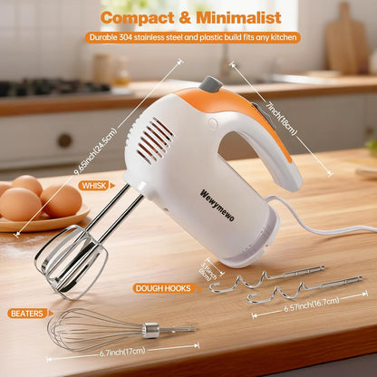 300W 5-Speed Electric Hand Mixer with 3 Thickened Nesting Mixing Bowls, Measuring Cups and Spoons, Complete Kitchen Cake Mixer with Paddle, Dough Hook and Whisk for Baking