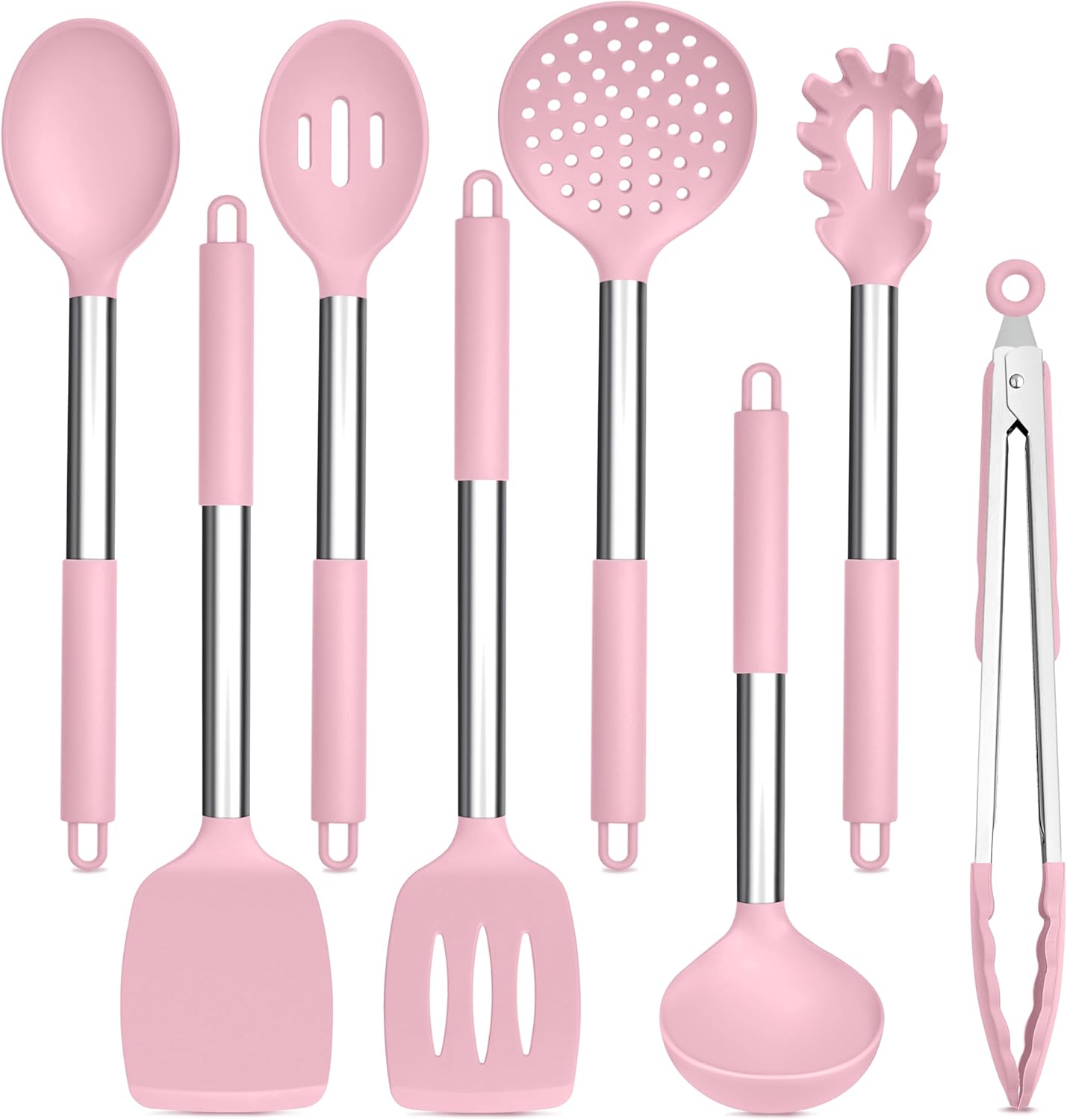 TeamFar Kitchen Utensils Set of 8, Silicone Utensils Kitchen Tools Set with Stainless Steel Handle, for Frying Serving Flipping Draining, Non-toxic & Heatproof, Nonstick & Dishwasher Safe - Black