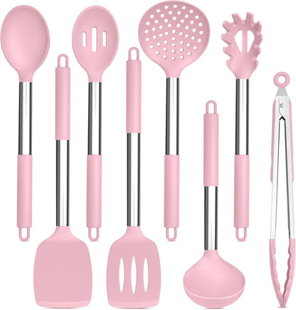 TeamFar Kitchen Utensils Set of 8, Silicone Utensils Kitchen Tools Set with Stainless Steel Handle, for Frying Serving Flipping Draining, Non-toxic & Heatproof, Nonstick & Dishwasher Safe - Black