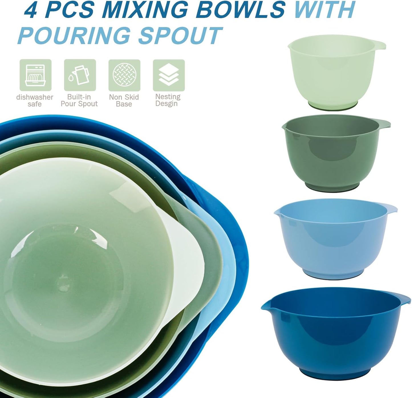 BoxedHome Green Ombre Nesting Plastic Mixing Bowl Set With Pour Spout, Microwave and Dishwasher Safe, BPA free Non-Slip Base, Set of 4 Size 1.7, 2.5, 3.5 and 4.5qt, Great for Prepping, Baking, Cooking
