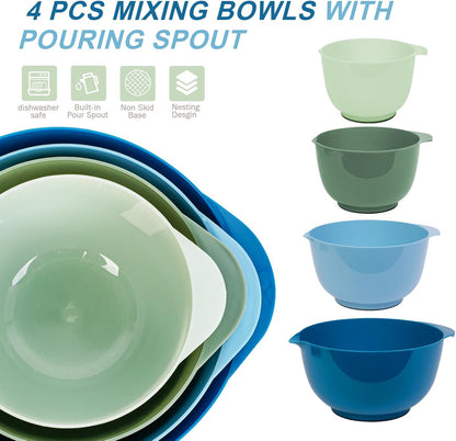 BoxedHome Green Ombre Nesting Plastic Mixing Bowl Set With Pour Spout, Microwave and Dishwasher Safe, BPA free Non-Slip Base, Set of 4 Size 1.7, 2.5, 3.5 and 4.5qt, Great for Prepping, Baking, Cooking