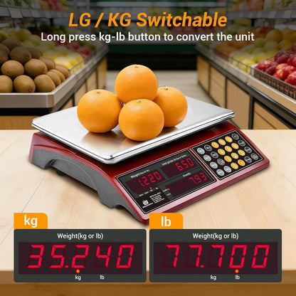 Commercial Food Scale 66lb/30kg, High Precision Digital Price Computing Scale for Farmers Marke, Deli, Dual Backlit LCD Display, Stainless Steel Platform, Rechargeable Battery for Produce Meat